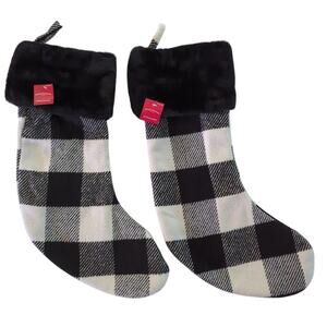 NEW White & Black Plaid Set of 2 Christmas Stockings Faux Fur Top WONDERSHOP 17"